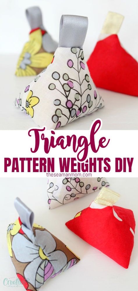 Make your own fabric weights with this 10 minutes tutorial! These sewing weights are perfect for skipping pins when tracing your patterns but are also cute enough to use as home decor! via @petroneagu Sewing Weights Diy, Pattern Weights Diy, Sewing Weights, Triangle Fabric, Make Your Own Fabric, Scrap Crafts, Pattern Weights, Scrap Fabric Crafts, Simple Sewing