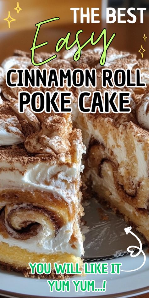 Cinnamon Roll Poke Cake Cinnamon Roll Poke Cake, Cinnamon Roll Recipe, Baking Stuff, Warm Cake, White Cake Mixes, Cinnamon Rolls Recipe, Roll Recipe, Poke Cake, White Cake