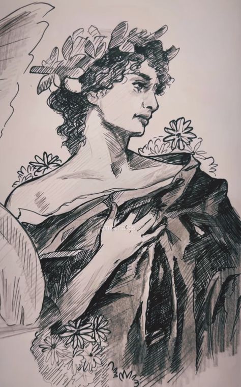 Feminine Aesthetic Drawing, Girlhood Drawing, Flower Crown Reference, Flower Crown Drawing Reference, Sapphic Drawing, Old Woman Sketch, Flower Crown Art Reference, Victorian Sapphic, Sapphic Historical Art