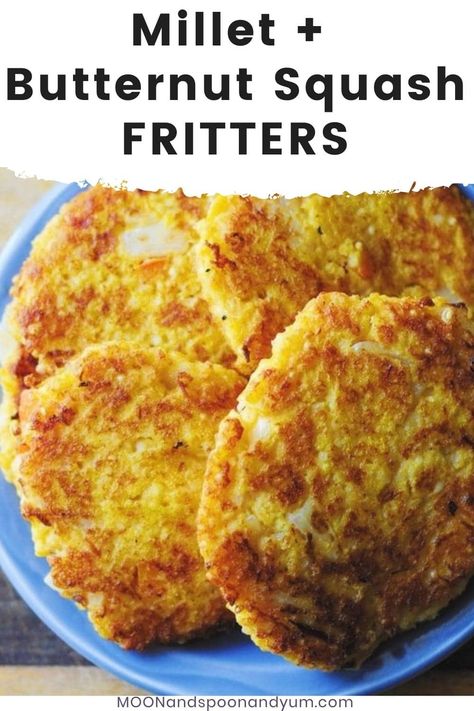 Delicious, healthy, and filling Millet and Butternut Squash Fritters. Rich, flavorful, cheesy patties. Gluten-free. Butternut Squash Fritters, How To Cook Millet, Ancient Grains Recipes, Gluten Free Family Meals, Squash Fritters, Millet Recipes, Thanksgiving Dinner Recipes, Healthy Grains, Fritter Recipes