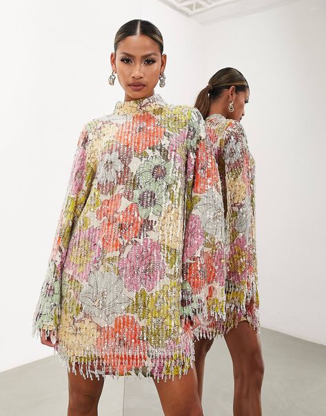 ASOS EDITION bright floral print and sequin high neck mini dress with fringe | ASOS Long Sleeve High Neck Dress, Silver Cocktail Dress, Dress With Fringe, High Neck Mini Dress, Chique Outfits, 2023 Ss, Long Sleeve Shift Dress, Asos Curve, Dress With Tie