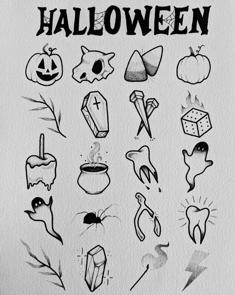 Spooky Dainty Tattoos, Stick And Poke Bat Tattoo, Mini Tats Halloween, Halloween Tattoo Sheet, Tiny Tattoo Halloween, Minimalist Spooky Tattoo, Halloween Simple Tattoo, Spooky Stick And Poke Tattoo, Halloween Tattoo Ideas Small Simple