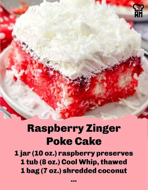 Zinger Poke Cake, Raspberry Zinger Poke Cake, Zinger Cake, Raspberry Zinger Cake, Raspberry Zinger, Raspberry Cake Recipe, Raspberry Cake Recipes, Cake Recipe From Scratch, Raspberry Dessert