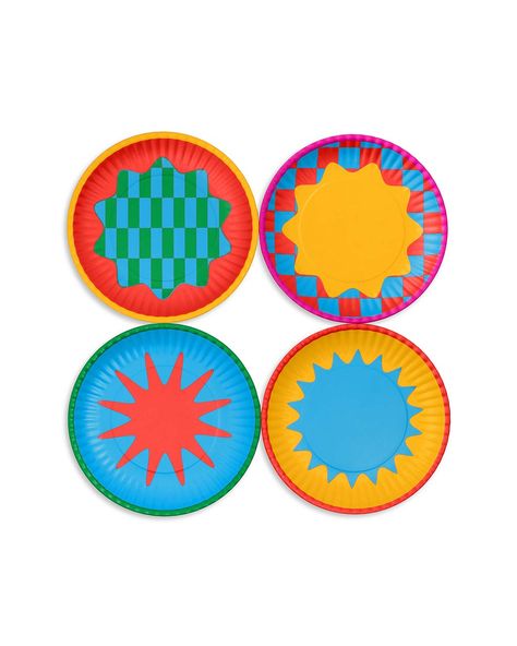 set of four dessert plate set with vibrant color blocking Fun Dinnerware Sets, Ceramic Plate Design, Aesthetic Dinnerware, Pottery Plate Ideas, Mcm Apartment, Funky Kitchen Decor, Cool Ceramics, Retro Plates, Fun Dinnerware