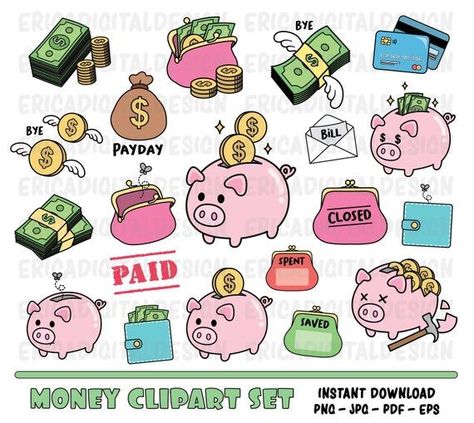 Saving money tracker clipart Financial clip art Piggy bank Payday Dollars Budget icons Printable sti | Printable Planner by  Bryan Stallard Saving Money Tracker, Bank Clipart, Money Clipart, Money Tracker, 52 Week Savings Challenge, Money Stickers, How To Make Planner, Kawaii Clipart, Saving Challenge