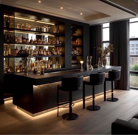 Black Marble Bar Design, Modern Bar Area In Living Room, Luxury Bar Area In Home, Wine Room With Bar, Interior Design Bar Home, House Bar Interior Design, Luxury Home Bars, Bar Lounge In House, Dark Moody Bar Room