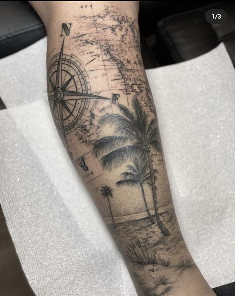 Beach Realism Tattoo, Coastal Sleeve Tattoo, Beach Sleeve Tattoo Men, Florida Leg Sleeve Tattoo, Travel Leg Sleeve Tattoo, Tropical Sleeve Tattoo Men, Florida Sleeve Tattoo, Mauritius Tattoo Ideas, Travelling Tattoos Men