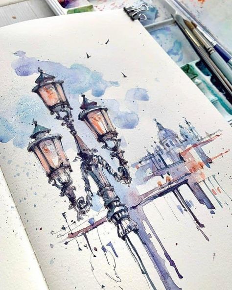 Lamp Post Drawing, Watercolors Drawings, Aesthetic Sketches, Urban Sketch, How To Make Drawing, Architecture Drawing Art, Architecture Painting, Art Painting Gallery, Watercolor Painting Techniques