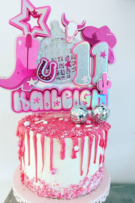 Complete your little cowgirl's birthday event with this beautiful glitter shaker cake topper!!! The boot and hat are embossed with a southwestern print for extra detail! Foil, glitter & layers upon layers of cardstock!!! Email beautifulchaosbanners@yahoo.com with inquiries. Visit beautifulchaosbanners.com to order or follow the link to my Etsy page! Follow us on IG for more party inspo @beautifulchaosbanners. Disco Cowgirl Cake Topper, Disco Cowgirl Birthday Cake, Space Cowgirl Cake, Cowgirl Barbie Birthday Party, Pink Cowgirl Cake, Pink Cowgirl Birthday Party, Cowgirl Birthday Cakes, Disco Cake, Cowgirl Cakes