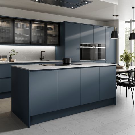 Modern Kitchen Colours Grey, Modern Kitchen Design No Handles, Navy Kitchen Grey Worktop, Blue Kitchen With Black Appliances, Grey Kitchen With Grey Floor, Kitchen Blue And Grey, Kitchen Black Glass Cabinets, Blue Contemporary Kitchen, Modern Dark Blue Kitchen