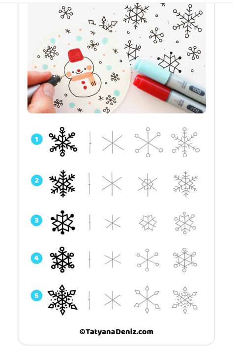 Snowflake Tutorial Drawing, Winter Wonderland Drawing Ideas, Bujo Snowflake Theme, Snow Flake Draw Easy, Snowflake Doodles Simple, Snow Drawing Easy, Simple Snowflake Drawing, Doodle Snowflakes, Easy Snowflake Drawing