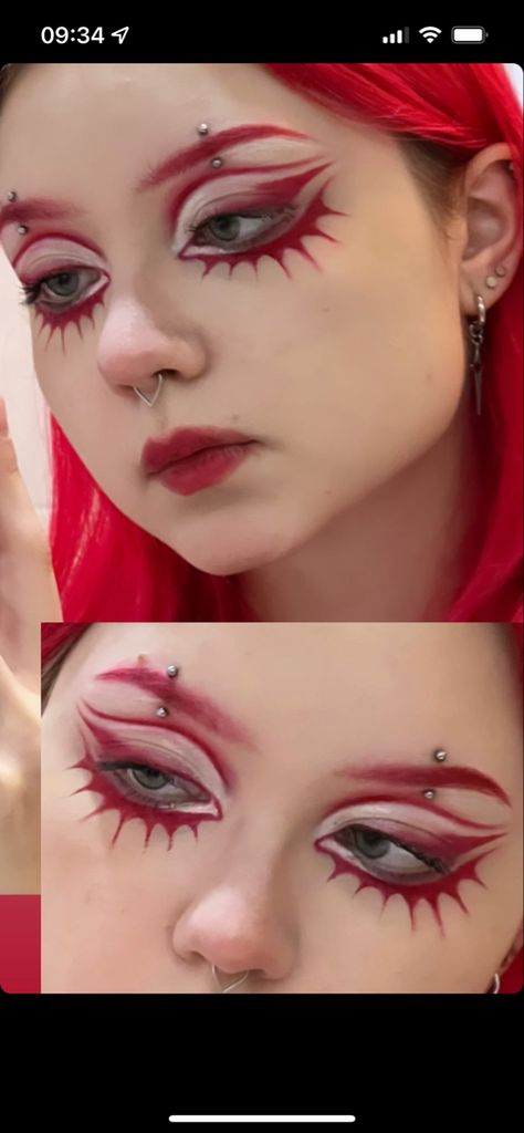 White Hair Red Eyes Aesthetic, Call Me An Escalator, Cyberpunk Makeup Eye, Kitsune Face Markings, Graphic Design Makeup, Colorful Creative Makeup, Pink Corpse Paint, Fun Alt Makeup, Ashnikko Makeup Looks