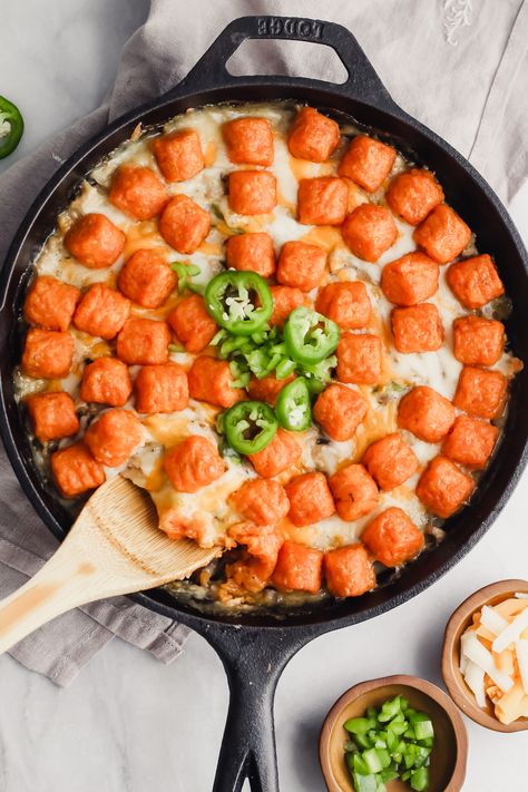 This Sweet Potato Tater Tot Casserole is a healthier version of the classic hot-dish you love! Loaded with ground turkey, homemade cheesy cream of mushroom soup, fresh veggies, and topped with sweet potato tots – you’re going to love this recreation! #tatertotcasserole #tatertothotdish #oneskilletmeals Sweet Potato Tater Tots, Tater Tot Hotdish, Sweet Potato Tots, Hotdish Recipes, Potato Tots, Potato Puffs, Tater Tot Casserole Recipes, Tater Tot Breakfast, Hashbrown Casserole