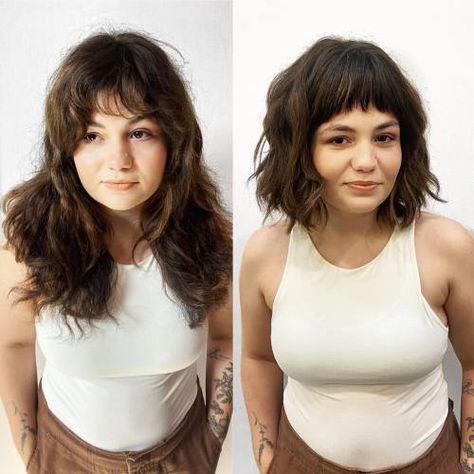 A Line Bob With Curtain Bangs, Bottleneck Bob, Micro Pony, Olivia Hair, Micro Fringe, Bob With Curtain Bangs, Bobs For Round Faces, Natural Dark Blonde, Shaggy Layers