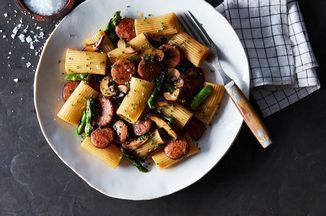 Rigatoni with Chorizo, Wild Mushrooms and Asparagus  Recipe on Food52 Mushroom Asparagus Pasta, White Bolognese, Quick Pasta Dinner, Mushroom Asparagus, Sausage Mushroom, Pancetta Recipes, Quick Pasta, Bolognese Recipe, Asparagus Pasta