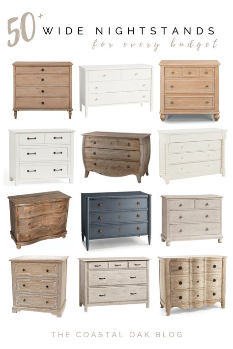 50 plus wide nightstands for every budget, including three drawer chests, small dressers, and options for children. #nightstand #bedroomfurniture #widenightstand #kidsroom #sharedkidsroom Three Drawer Chest Nightstand, Over Sized Nightstand, Bachelors Chest As Nightstand, 2 Drawer Chest Of Drawers, Small Dressers As Night Stands, Chest Of Drawers As Nightstand, Nightstand In Living Room, Inexpensive Furniture Where To Buy, Bachelor Chest Dressers