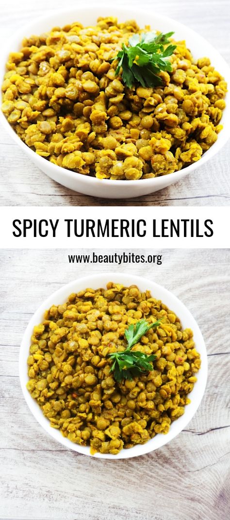 Easy and healthy lentil recipe! These spicy turmeric lentils are perfect in wraps or in salads, or wherever you think you might need lentils - these are super tasty and quick! Turmeric Lentils, Lentil Recipes Healthy, Lentil Recipe, Turmeric Recipes, Lentil Recipes, Healthy Salad Recipes, Healthy Nutrition, Nutrition Recipes, Lentils