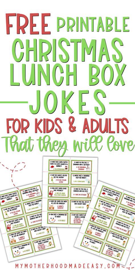 15 Funny Christmas Jokes for Kids Lunch Box Notes [FREE Printable] – My Motherhood Made Easy Free Christmas Jokes Printables, Christmas Lunch Box Jokes For Kids, Christmas Lunchbox Jokes Printable, Kid Christmas Jokes, Funny Christmas Jokes For Kids, Christmas Lunch Notes For Kids, Christmas Jokes For Kids Printable, Holiday Jokes For Kids, Christmas Lunch Ideas For Kids