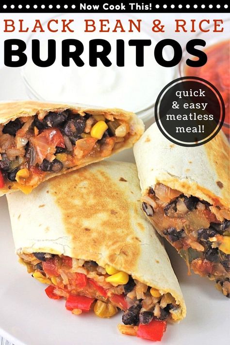 These Black Bean and Rice Burritos are a quick, easy and tasty meatless meal that's ready in about 30 minutes! Black beans, rice, onions, garlic, bell peppers, corn, and green chiles are combined with taco seasoning and salsa, topped with cheese, wrapped in a flour tortilla, and then pan fried until crispy. Get the recipe and give them a try! #blackbeanandriceburritos #blackbeanburritos #burritos #mexican #vegetarian Rice And Bean Burrito, Bean Burritos Recipe, Black Bean And Rice, Burrito Filling, Black Bean Burritos, Bean And Rice, Black Bean Burrito, Delicious Vegetarian Dinner, Bean Burritos