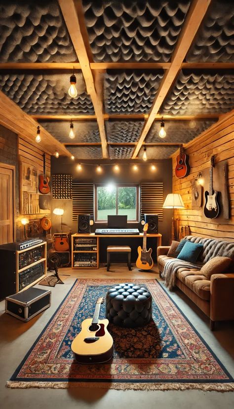 🚀 21 Stunning Garage Decor Ideas That Will Transform Your Space Into a Dream Haven! 🚗✨ Music Studio Office Design, Soundproof Music Studio, Office Recording Studio, Guitar Man Cave, In Home Recording Studio, Music Room In House, Cozy Music Studio, Garage Recording Studio, Office Garage Ideas