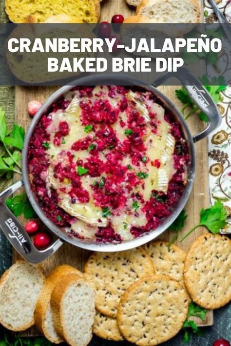 Cranberry-Jalapeño Baked Brie Dip | Gooey melted brie doesn't need a lot of improvement—it's pretty much perfect as is. But combined with a mixture of minced cranberries and a bit of jalapeño, it transforms into a bright and flavorful party favorite.  #comfortfood #dinnerrecipes #dinnerinspiration #weekendfood #seriouseats #recipes Cranberry Jalapeño Brie Dip, Brie Cheese Recipes Appetizers Christmas, Mexican Brie Appetizer, Cranberry Brie Jalapeno Poppers, Cranberry Brie Dip, Brie Dip Recipes, Brie Toppings, Baked Brie Cranberry, Brie Dip