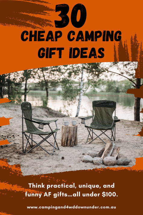 Camping setup featuring two green camping chairs around a small log table, with a serene lake and trees in the background. Text overlay reads '30 Cheap Camping Gift Ideas' with the website URL campingand4wddownunder.com.au. A practical and relaxed outdoor setting, perfect for showcasing budget-friendly camping gift ideas. Camper Gift Ideas, Outdoor Gifts For Kids, Camping Gift Baskets, Outdoorsy Men, Camping Couples, Gifts For Camping, Camping Gift Ideas, Outdoor Christmas Gifts, Cheap Camping