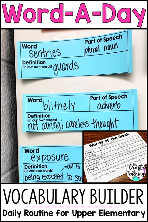 Use words from independent reading to jumpstart vocabulary building in your classroom! Upper elementary readers will love learning about new and unfamiliar words in their texts with this daily routine. In about 10 minutes a day, students will increase their vocabulary throughout the year. Read about how to do it in this blog post for elementary teachers! Fourth Grade Vocabulary Activities, How To Teach Vocabulary Elementary, Classroom Reading Area Upper Elementary, Fourth Grade Vocabulary Words, All About Me Upper Elementary, Vocabulary Word Of The Day, Learning Vocabulary Activities, Instructional Activities Elementary, Teaching Vocabulary Elementary