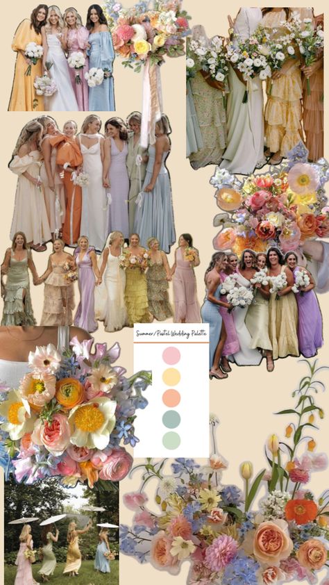 Wedding Aesthetics Color Schemes, Wild Flower Wedding Palette, Spring Color Wedding Theme, Mismatched Bridesmaid Dresses Floral, Mixed Color Bridesmaid Dresses Spring, Brides Maids Color Schemes, Wedding Ideas Summer Colors, Mix Match Bridesmaid Dresses Spring, July Wedding Ideas Color Schemes