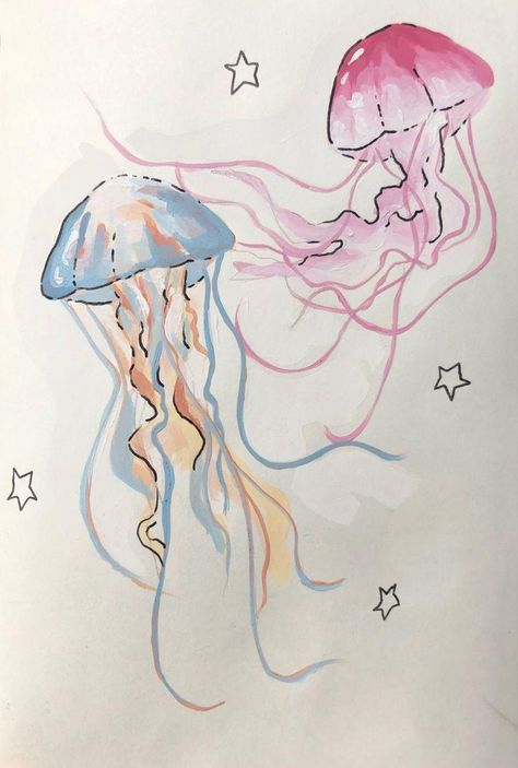 Mushroom Jellyfish Drawing, Jellyfish Drawing Simple Step By Step, Jellyfish Digital Art Tutorial, Jellyfish Drawing Digital, Simple Digital Drawing Ideas, Jelly Drawing Style, Jelly Eyes Drawing, Simple Jellyfish Painting, Jellyfish Art Style