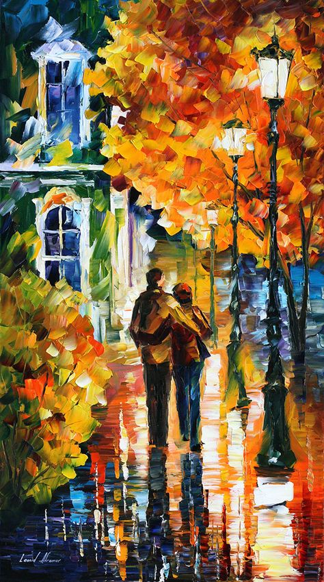 Oil Painting Gallery, Leonid Afremov, Umbrella Art, Figurative Artwork, Walking In The Rain, Leonid Afremov Paintings, Palette Knife Painting, Impasto Painting, Amazing Art Painting