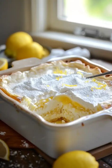 Discover the joy of making this Lemon Cream Cheese Dump Cake with this simple recipe. It combines tangy lemon and rich cream cheese under a crispy golden topping for a heavenly dessert. Ideal for festive gatherings or cozy family dinners. Dive into this easy, delightful baking adventure today! Lemon Cream Cheese Dessert Recipes, Lemon Cream Cheese Dump Cake Recipe, Heaven Cake Recipe, Lemon Cream Cheese Dump Cake, Lemon Dump Cake, Cream Cheese Dump Cake, Cream Cheese Recipes Dessert, Lemon Desserts Easy, Dessert Pie Recipes