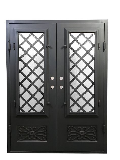 AMED IRON DOUBLE DOOR Iron Front Door Double Farmhouse, Double Exterior Doors Front Entry Steel, Double Exterior Doors Front Entry Iron, Double Front Entry Doors Farmhouse Iron, Double Door Entrance Iron, Front Door Security, Iron Door Design, Double Front Doors, Wrought Iron Doors