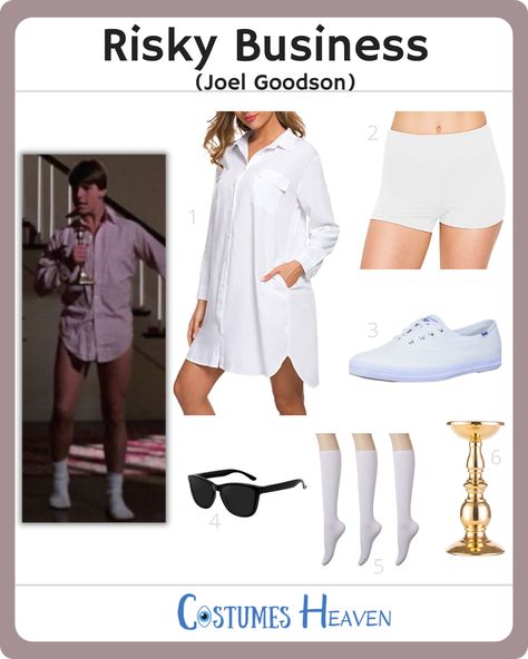 If you're looking for a last-minute Halloween costume idea, you can try the Risky Business Costume. Wear this outfit and dance like Joel Goodson at a Halloween party. #riskbusinesscostume #RiskyBusiness #cosplay #halloweencostume #costumesheaven Risky Business Costume Women, Risky Business Halloween Costume, Joel Goodson, Risky Business Costume, Business Outfit Ideas, Candle Holders Diy, Guy Dancing, Risky Picture Ideas, Risky Pictures