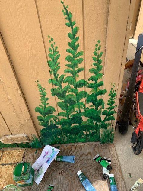 Shed Door Painting Ideas, Outdoor Wall Art Ideas Painted, Flowers Painted On Wood Fences, Pallet Painting Outdoor Garden, Wall Painting Ideas Nature, Shed Painting Ideas Flowers, Outdoor Wall Murals Backyards Flower, Floral Painted Front Door, Mural Fence Painting