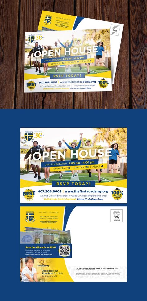 Open House Postcard for The First academy | 99designs College Postcard Design, Postcard Mailer, Open House Flyer, School Open House, House Poster, College Prep, Business Card Template Design, Postcard Design, College Fun