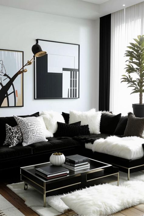 Elevate your living room with timeless black and white decor. From bold statement pieces to subtle accents, create a sophisticated and stylish space that is both chic and inviting. Find inspiration for your next home project with these stunning black and white living room designs. Cream White Black Living Room, Black Accent Room Decor, Black And White Front Room, Black And White Carpet Living Room, Black Apartment Living Room, Styling Black Couch, Black And White Aesthetic Decor, Black Couch Living Room Ideas Apartments, Living Room Black White Grey