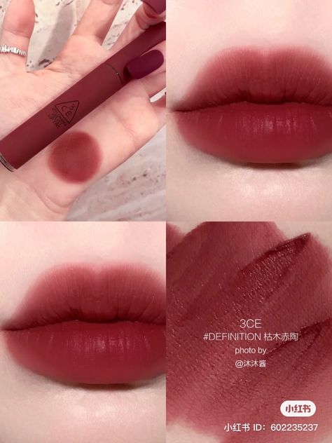 3CE velvet lip tint in shade #definition | 𝘂𝘀𝗲 𝐜𝟎𝐝𝐞 "𝗨𝗟𝗭𝗭𝗔𝗡𝗚𝟮𝟮𝟮" 𝗼𝗻 𝐲𝐞𝐬𝐬𝐭𝐲𝐥𝐞 𝗳𝗼𝗿 𝗱𝗶𝘀𝗰𝗼𝘂𝗻𝘁 Lip Tint Aesthetic Photo, 3ce Makeup, 3ce Velvet Lip Tint, Korean Lip Tint, Velvet Lip Tint, Korean Lips, Chinese Makeup, Makeup Bag Essentials, Ulzzang Makeup