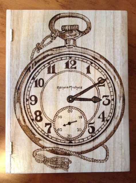 Woodburned clock, personalized with name, time is birth date Pyrography Clock Ideas, Wood Burn Clock Ideas, Music Wood Burning, Pyrography Clock, Owl Woodburning, Wood Burning Art Owl, Barn Wood Art, Wood Clock Design, Pyrography Ideas