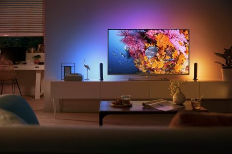 The Complete Guide to Philips Hue 2023 - 2024 Gallery Wall Themes, Tv A Muro, Philips Hue Lights, Tv Fal, Tv Lighting, Hue Lights, Modern Tv Wall, Shiplap Accent Wall, Tv Room Design