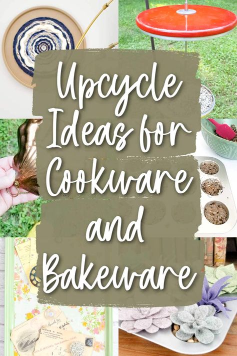 Thrift store shelves are littered with discarded cookware and bakeware- pots, pans, lids, and more. And a lot of them are no longer ideal for kitchen use. Thankfully, though, there are a TON of ways to upcycle them for your home and garden- maybe one of these ideas is just what you've been looking for! Pot Lids Repurposed, Muffin Tin Repurpose Ideas, Old Pans Repurposed Ideas, Repurpose Pots And Pans, Upcycle Pots And Pans, Old Pots And Pans Repurpose, Lid Crafts, Thrift Store Crafts Upcycling, Antique Kitchen Gadgets