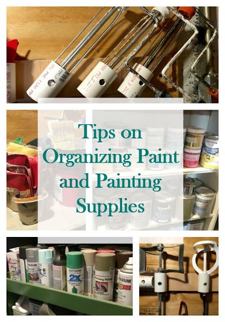 Organize your paint and related painting supplies with shelves and plumbing pipe. How To Organize Paint Supplies In Garage, Organizing Painting Supplies Storage Ideas, Paint Brush And Roller Storage, Organize Paint Supplies Garage, Organizing Paint Supplies Garage, Paint Supply Storage Ideas, Paint Supply Storage, Painting Supply Organization, Paint Roller Storage Ideas