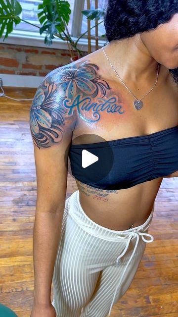 Demetris cousins on Instagram: "Shoulder piece 💙 

I love that aqua blue on brown skin ✨" Blue Shoulder Tattoo, Blue Tattoos On Black Women, Blue Tattoo Ink On Brown Skin, Blue Tattoos On Brown Skin, Blue Tattoo Brown Skin, Healed Color Tattoos On Dark Skin, Blue Tattoo On Brown Skin, Darkskin Tattoos Girl, Blue Ink Tattoos