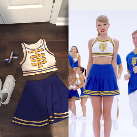 Homemade Halloween costume from Shake it Off music video. #halloween #costume #taylorswift Taylor Swift Duo Costume Ideas, Taylor Swift Halloween Costume Bejeweled, Taylor 1989 Costume, Shake It Off Cheerleader Costume, Taylor Swift Concert Costume Ideas, Taylor Swift Shake It Off Cheerleader, Eras Tour Costumes Ideas, Taylor Swift Halloween Costumes Ideas, Homemade Taylor Swift Costume