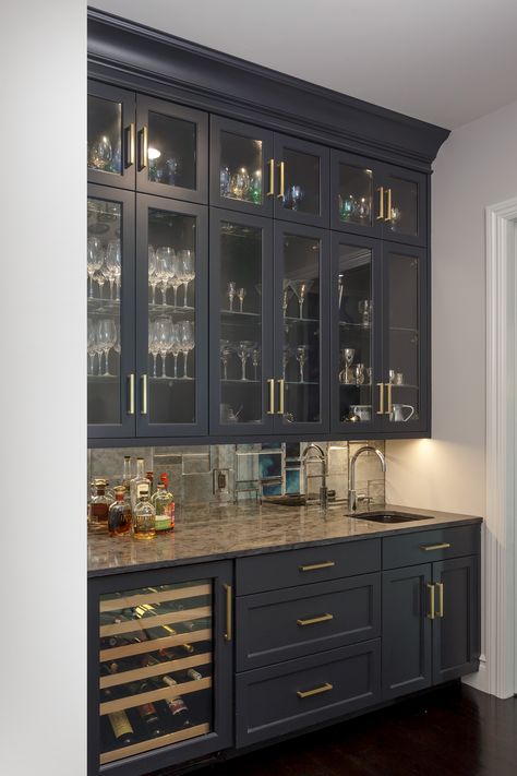 Kitchen Bar Cabinet Design, Wet Bar With Glass Cabinets, Blue Cabinet Wet Bar, Green Wet Bar Cabinets, Bar Cabinet Color Ideas, Dark Grey Bar Cabinets, Wall Bar Cabinets For Home, Black Cabinet Bar Ideas, Dark Blue Bar Cabinets