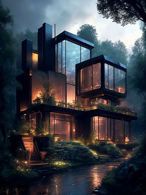 Strange Houses, Dark Modern Mansion, Modern Dark Mansion Exterior, Black Futuristic House, Futuristic Mountain House, Mafia House Aesthetic, Dark Modern Japanese House, Spare Room Design, Black Modern House