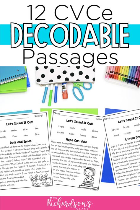 Introduce readers to CVCe words with our CVCe Decodable Passages! Designed for kindergarten and first grade students, these cvce worksheets feature engaging long vowel decodable passages and decodable sentences. Each of the 12 decodable passages has a cvce word list, the decodable passage, comprehension questions, and dictated cvce word sentences for students to write. Explore our collection of CVCE word activities and worksheets for meaningful reading practice. Get yours today! Cvce Worksheets, Cvce Activities, Passage Comprehension, Decodable Sentences, Decodable Passages, Phonics Chart, Structured Literacy, Decodable Readers, Literacy Centers Kindergarten