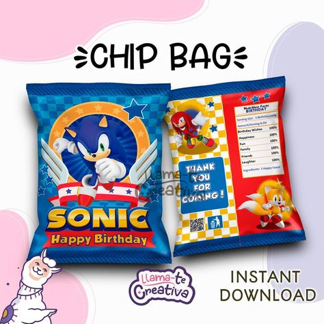 Sonic Party Bags, Sonic Favor Bags, Sonic Chip Bags, Roblox Chip Bags, Happy Birthday Llama, Party Favor Chip Bags, Super Mario Chip Bag, Sonic Birthday Parties, Sonic Party