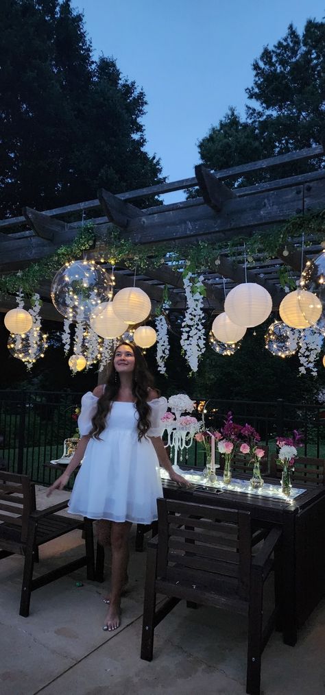 Prom Garden Decorations, Garden 15 Party, Fairytale 18th Birthday Theme, Fairy Light Party Decorations, Garden Party Lanterns, Birthday Lantern Decor, Garden Dance Party, White Garden Party Decoration, Whimsical 18th Birthday