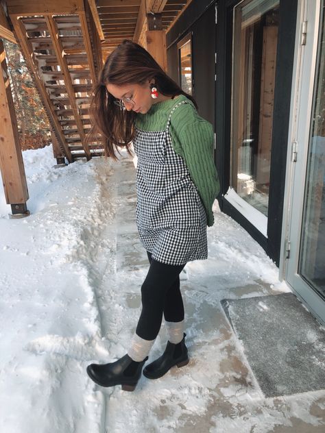 christmas day outfit, green sweater under a checkered dress with black boots and snowman earrings Sweater Under Dress Outfit, Sweater Under Dress, Under Dress Outfit, Dress With Black Boots, Snowman Earrings, Christmas Fits, Christmas Day Outfit, Checkered Dress, Church Outfits