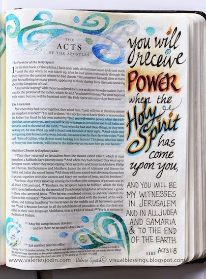 visual blessings: When the Spirit Comes - Bible Art Journaling Acts Bible, Scripture Art Journaling, Bible Journals, Scripture Journal, Acts 1, Bible Doodling, Inspire Bible Journaling, Bible Study Journal, Faith Bible